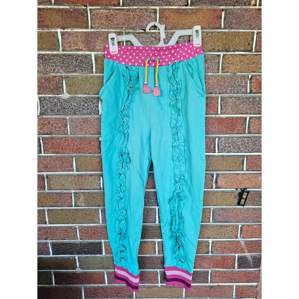 Matilda Jane Girls Race at Recess Teal Blue Ruffle Front Jogger Pants Size 12